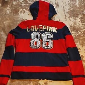 Pink VS Bling Rugby Lightweight zip-up hoodie with Sequins. Size: S
